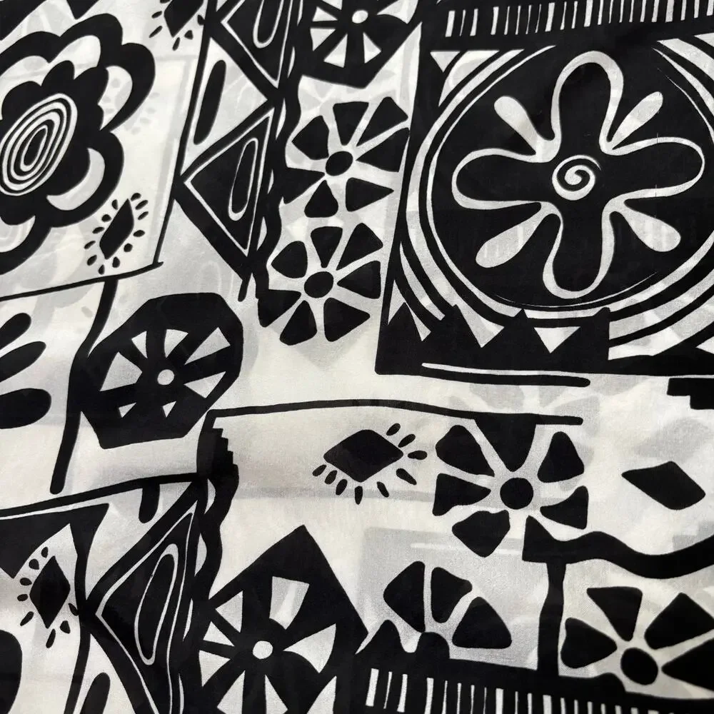 Vintage Korea Silk Scarf Art to Wear Black & white mod 60s 70s floral print
